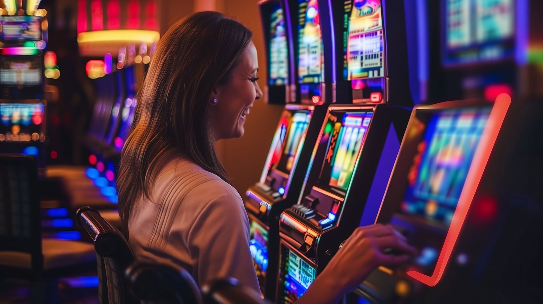 Slots - A woman enjoying her time playing one of the many slot machines in the casino