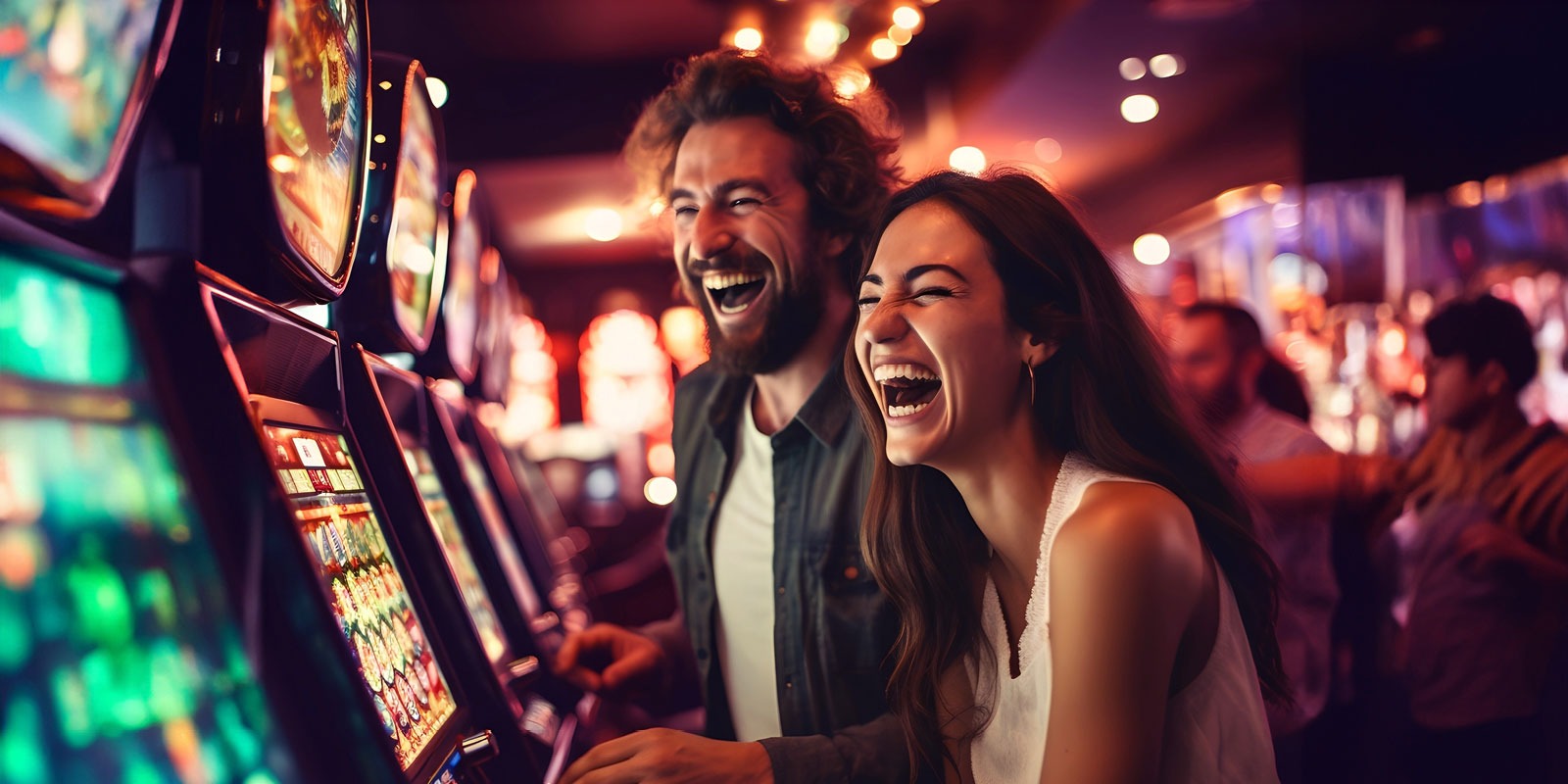 A couple playing at a Slots Machine together.